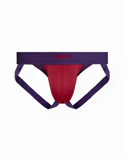 2eros aktiv cronus jockstrap underwear in beet red with red and purple briefs and central zipper featuring zeros logo