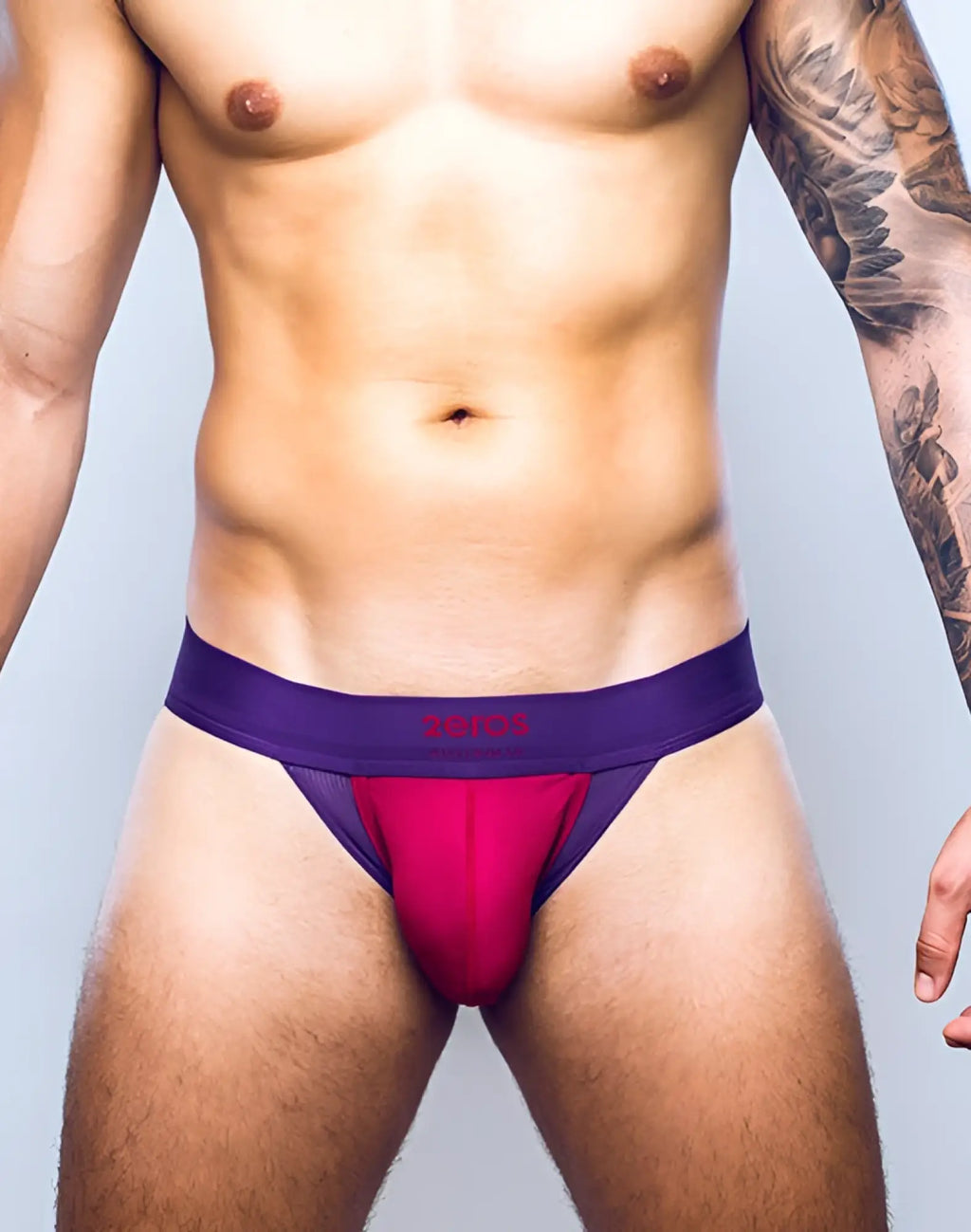 Purple and fuchsia 2EROS AKTIV Cronus jockstrap underwear with mesh panel and zeros logo on beet red waistband