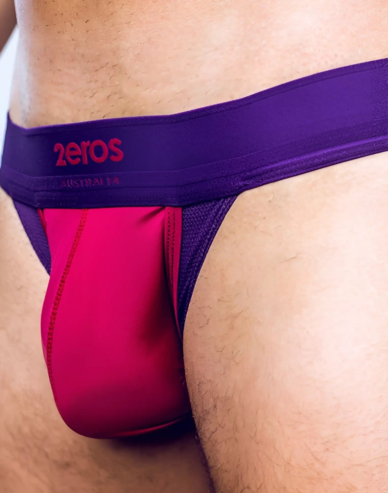 Purple and magenta two-tone 2eros aktiv cronus jockstrap underwear with branded elastic waistband in beet red
