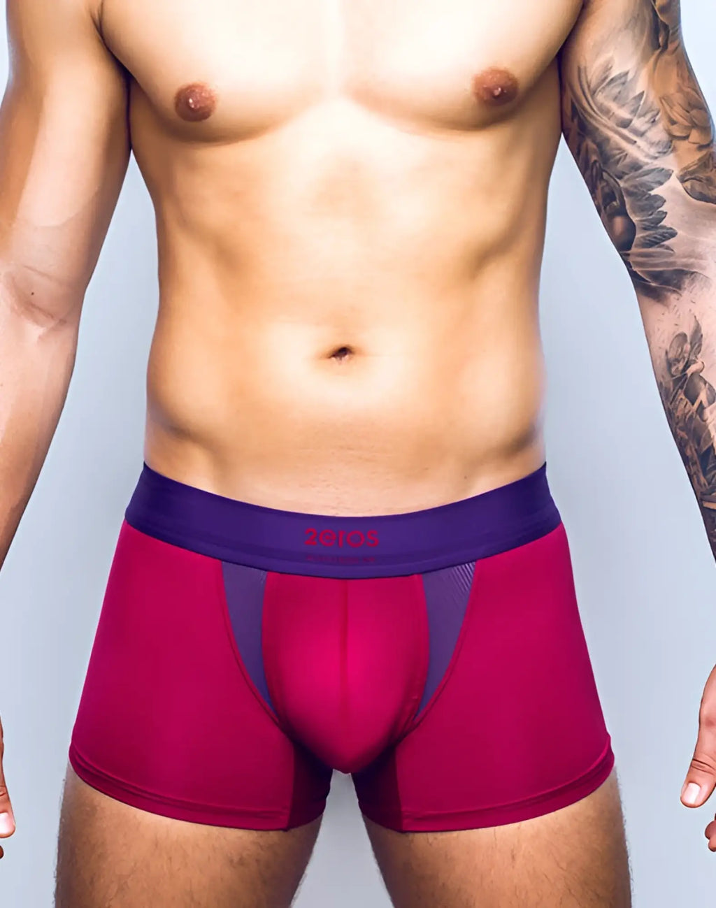 Magenta 2EROS AKTIV Cronus trunk underwear with purple waistband, red zeros logo, and mesh side panels in beet red