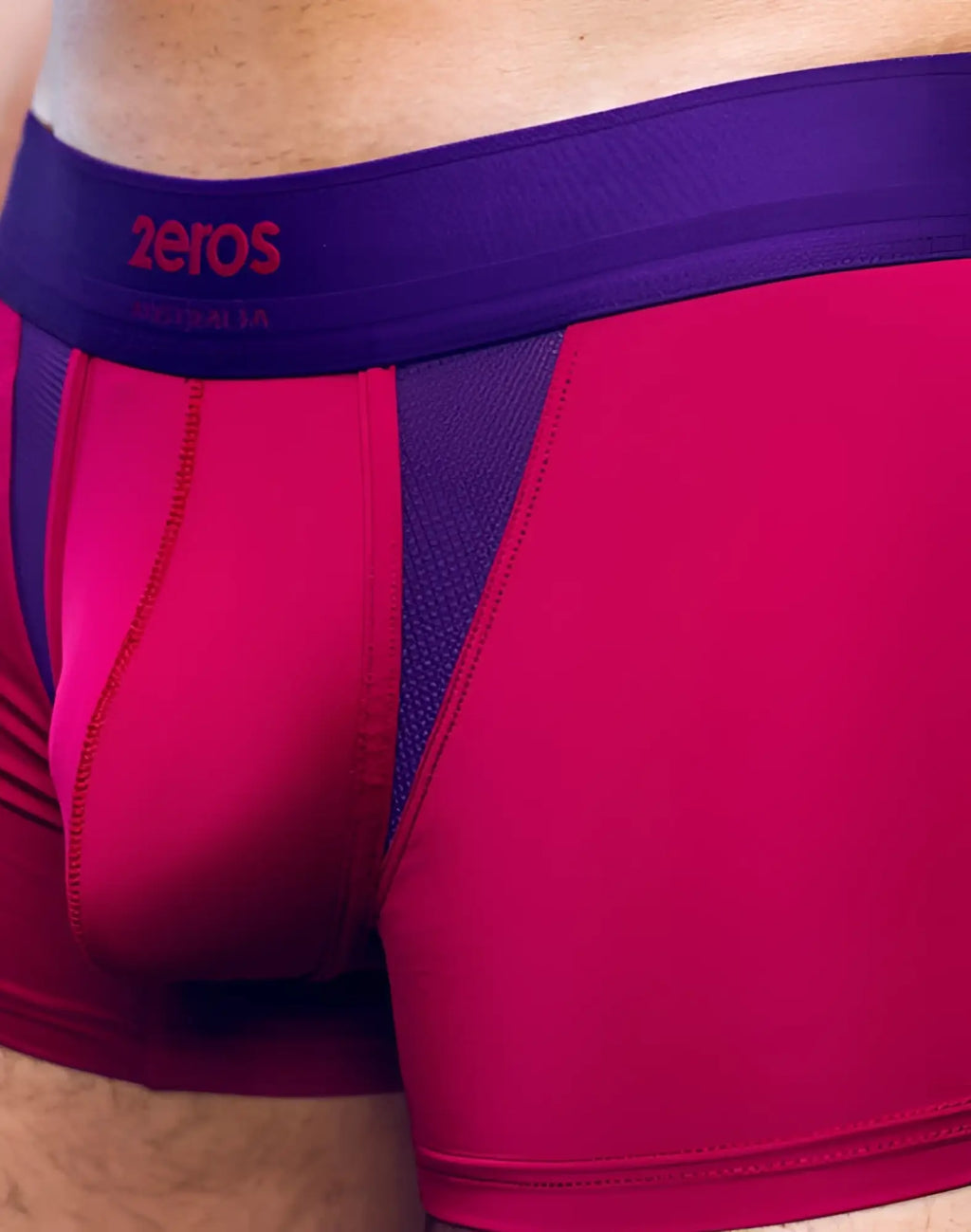 Vibrant fuchsia and deep purple 2EROS AKTIV Cronus trunk underwear with textured mesh panel and red logo waistband