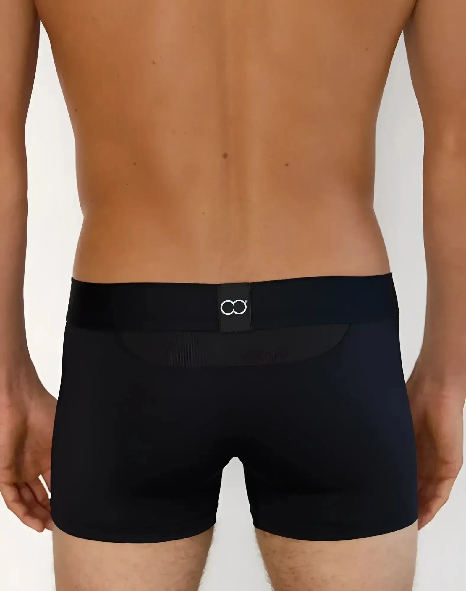 Black 2EROS AKTIV Cronus trunk underwear with smooth fabric and subtle mesh back panel featuring white infinity logo
