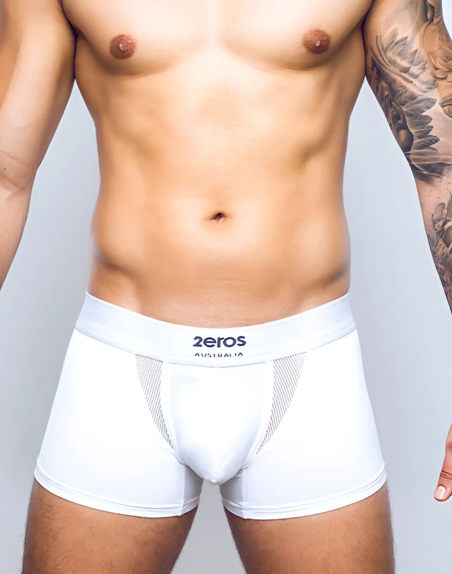 White men’s boxer briefs with mesh panel and 2eros australia branded waistband in 2eros aktiv cronus trunk underwear