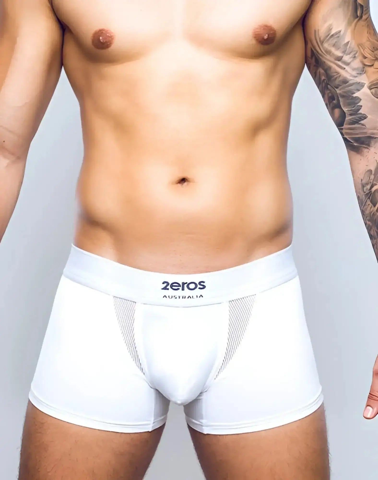 White men’s boxer briefs with mesh panel and 2eros australia branded waistband in 2eros aktiv cronus trunk underwear
