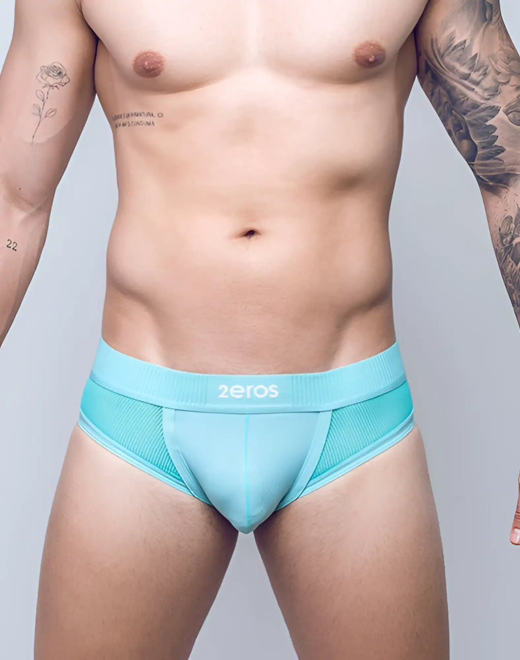 2EROS aktiv Hermes brief underwear in blue turquoise mesh with a ribbed waistband featuring the zeros logo