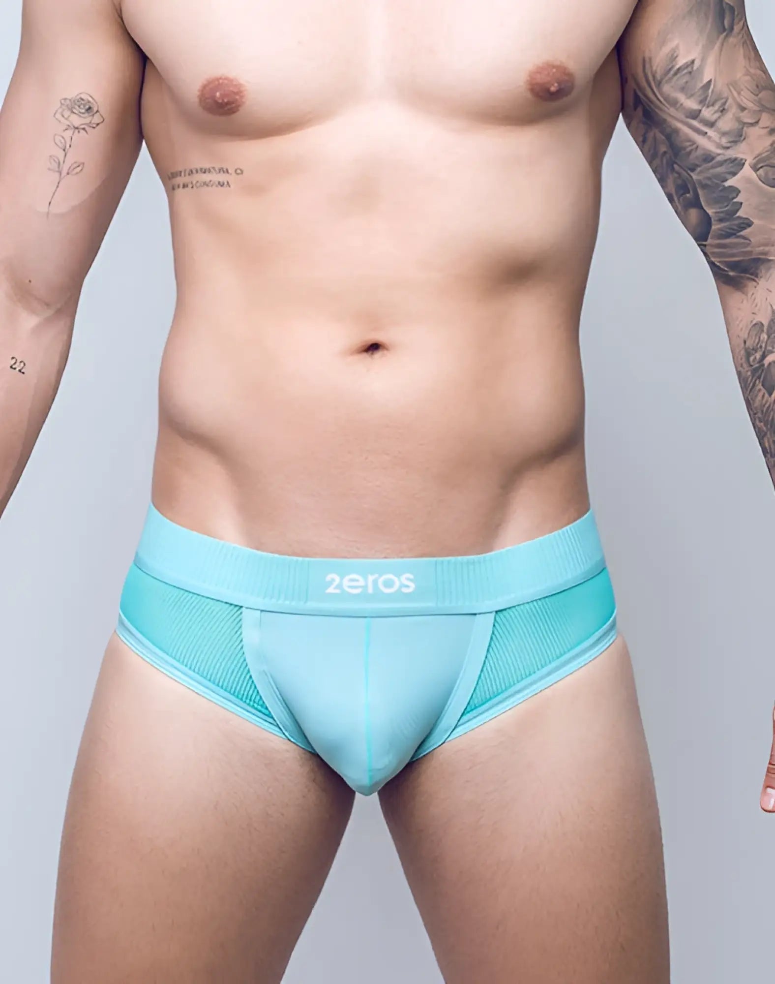 2EROS aktiv Hermes brief underwear in blue turquoise mesh with a ribbed waistband featuring the zeros logo