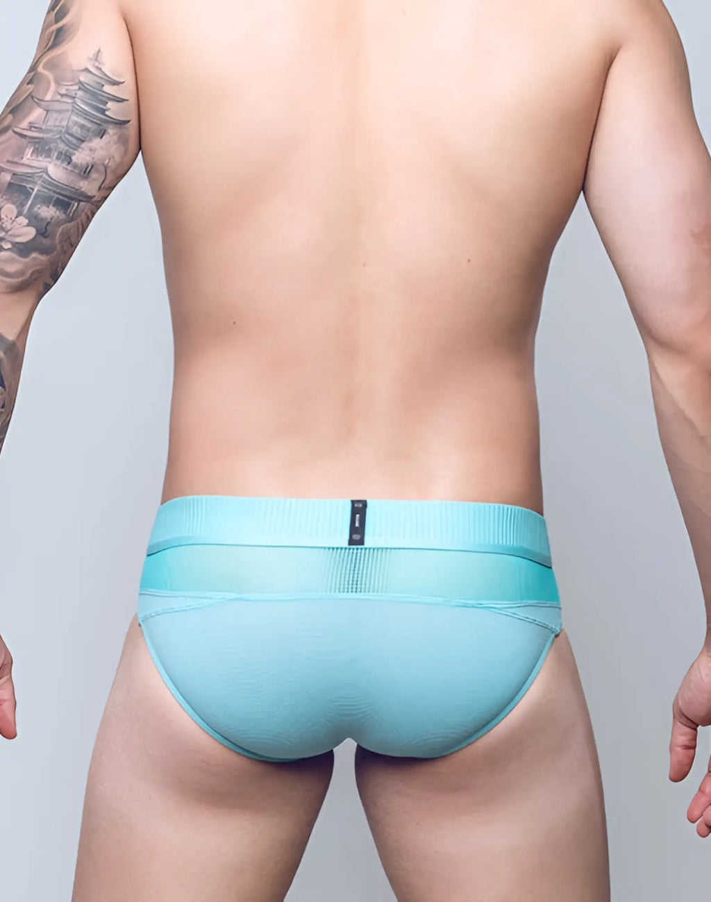 2eros aktiv hermes brief underwear in blue turquoise with light blue mesh fabric ribbed waistband and black brand tag
