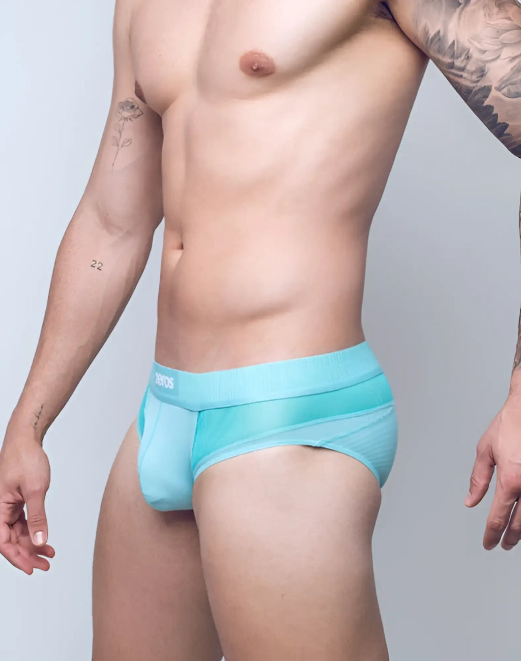Light blue mesh 2EROS Aktiv Hermes brief underwear with solid waistband featuring enos branding in white lettering