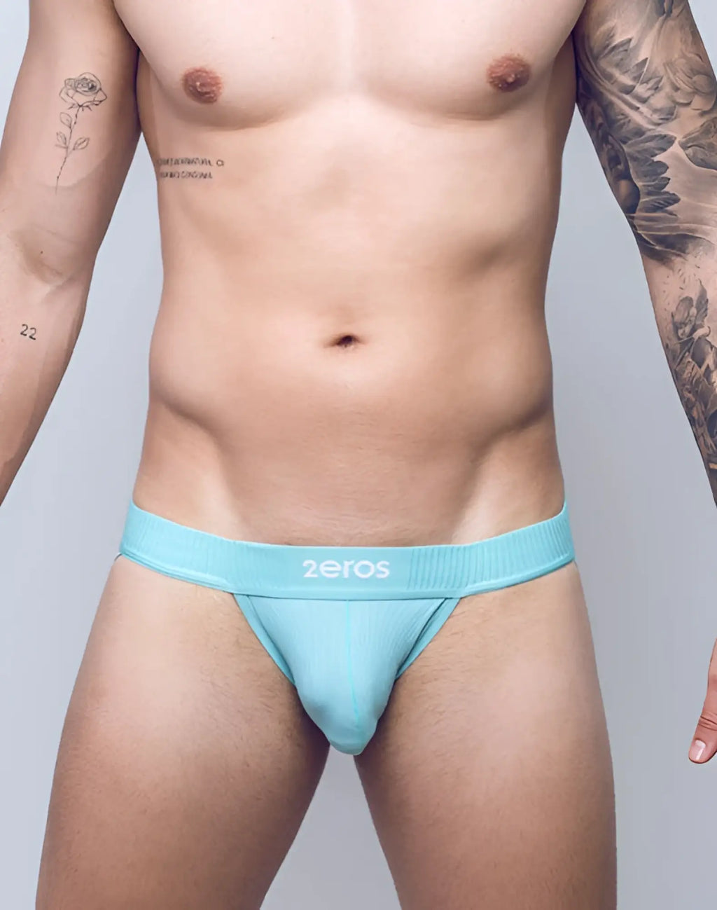Light blue ribbed fabric briefs with zeros branding on waistband from 2EROS Aktiv Hermes jockstrap underwear collection