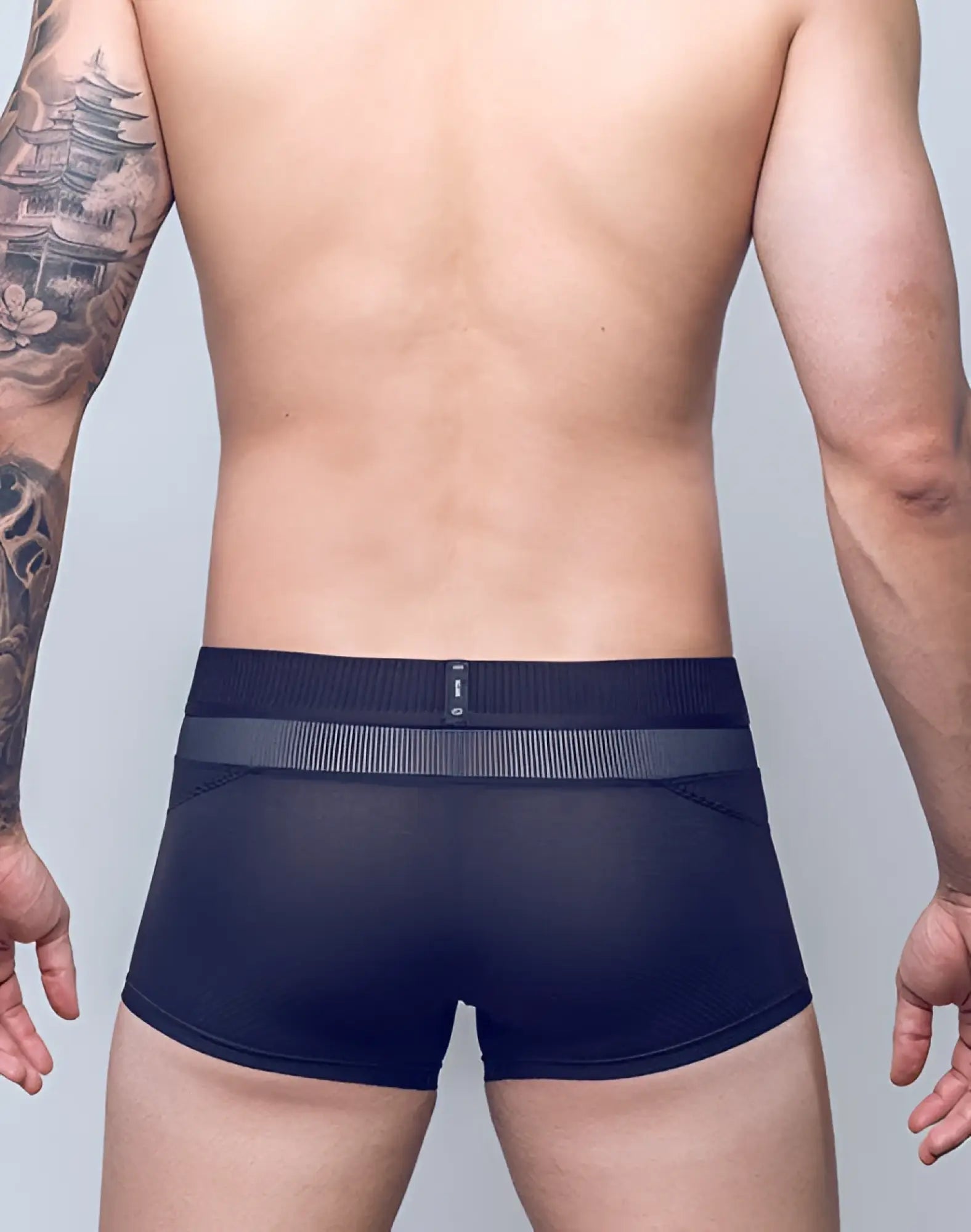 2EROS Aktiv Hermes trunk underwear in black textured fabric with gray striped waistband for comfortable support