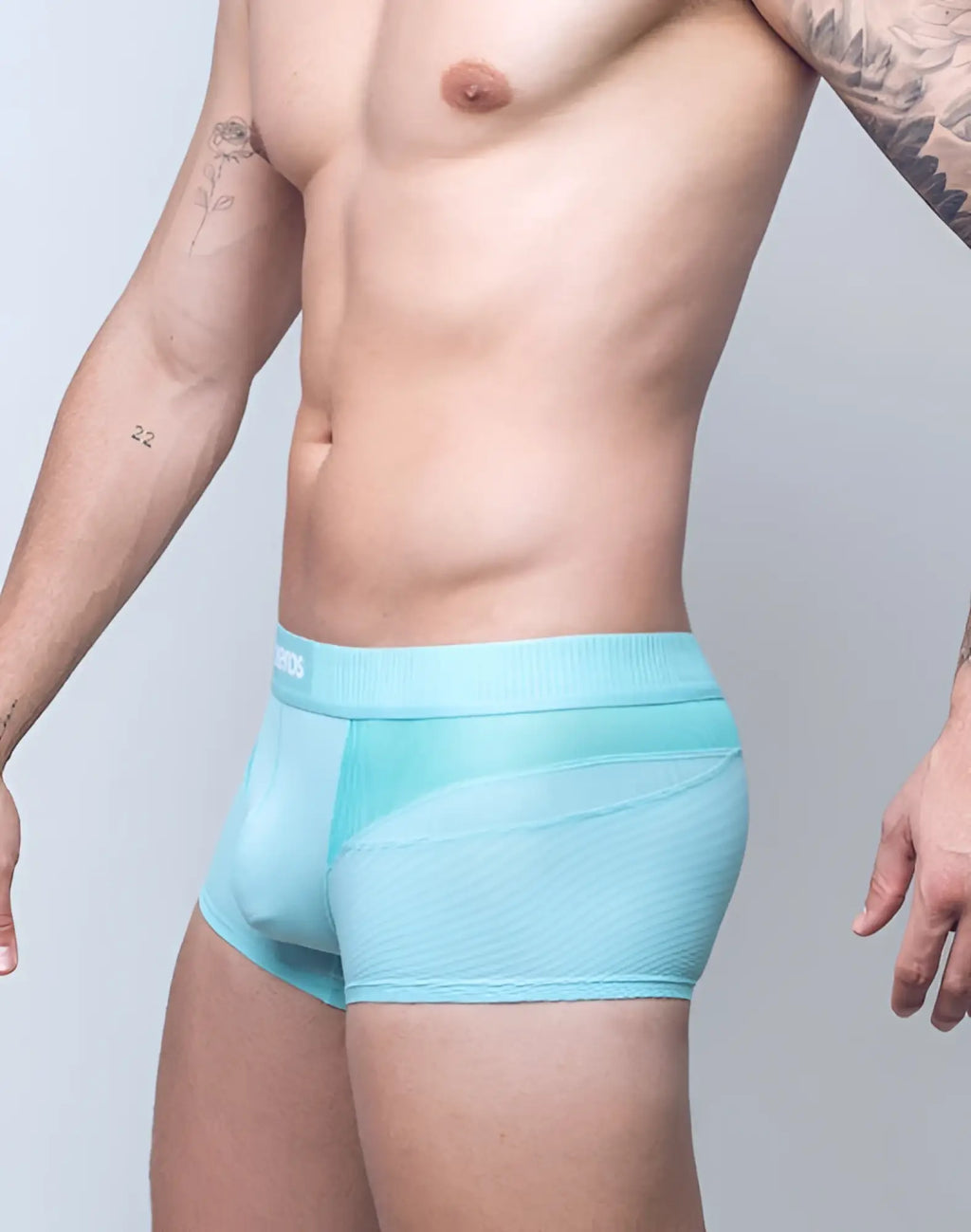 2eros aktiv hermes trunk underwear in blue turquoise featuring light blue mesh fabric with a ribbed waistband