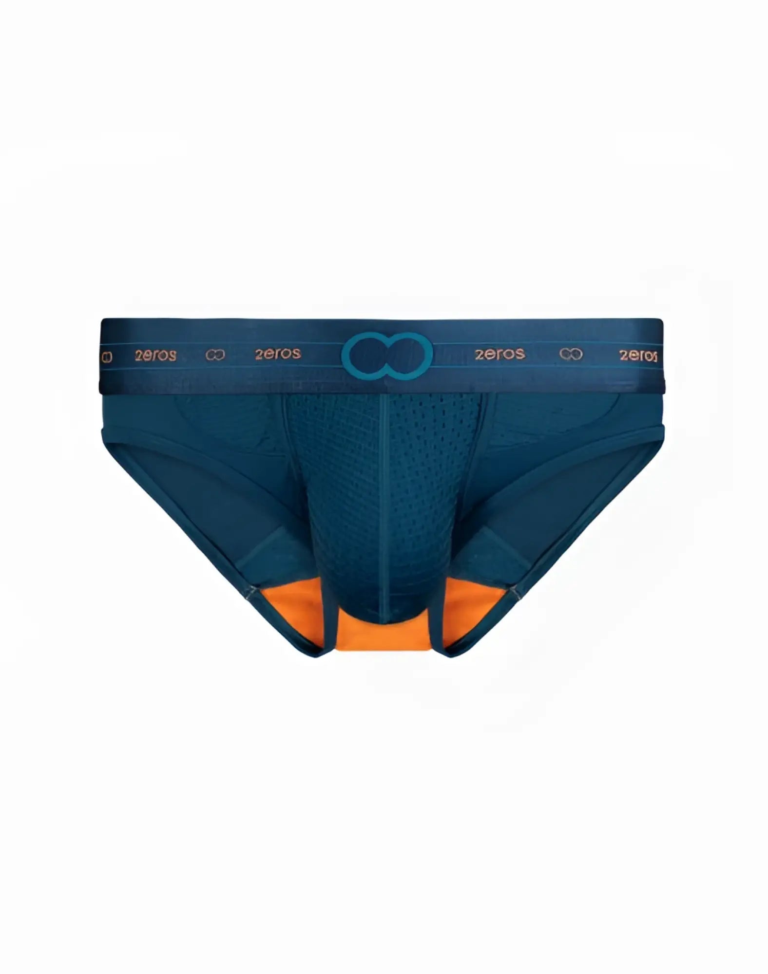 Dark blue 2eros aktiv nrg brief underwear with orange accents and perforated mesh panel on waistband