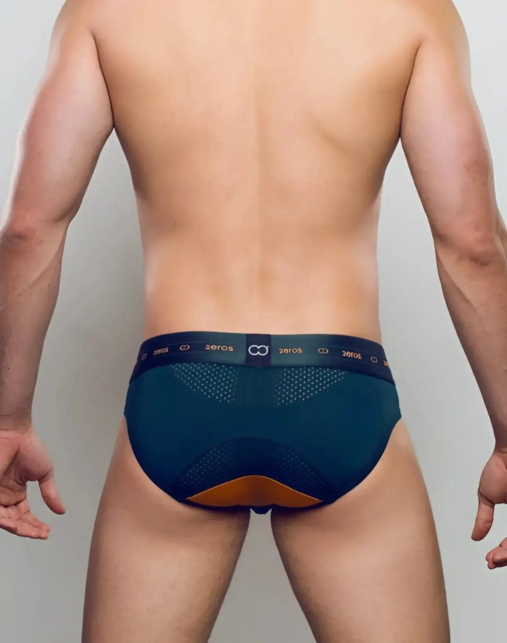 Dark teal and orange mesh briefs with branded waistband 2eros aktiv nrg brief underwear green front view