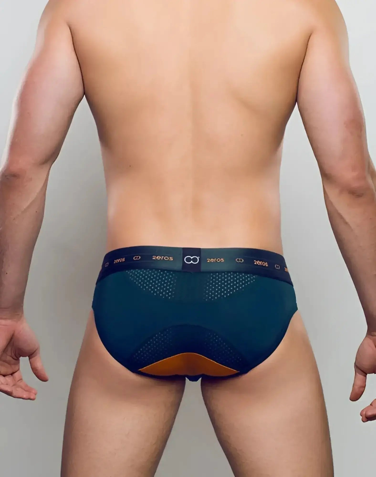 Dark teal and orange mesh briefs with branded waistband 2eros aktiv nrg brief underwear green front view