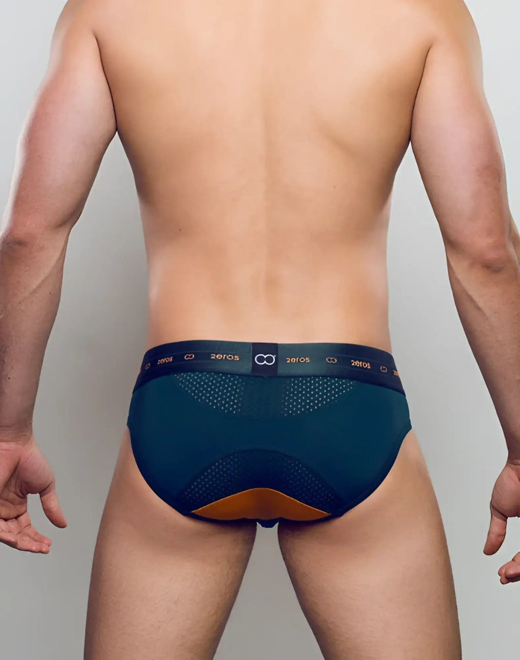 Dark teal and orange mesh briefs with branded waistband 2eros aktiv nrg brief underwear green front view