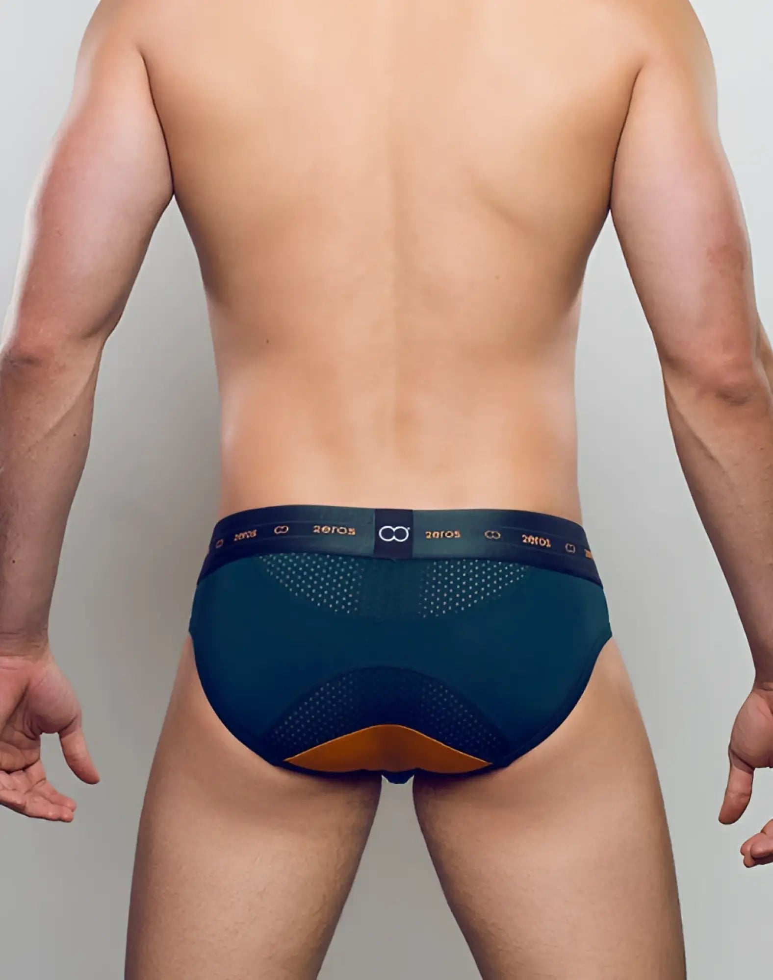 Dark teal and orange mesh briefs with branded waistband 2eros aktiv nrg brief underwear green front view