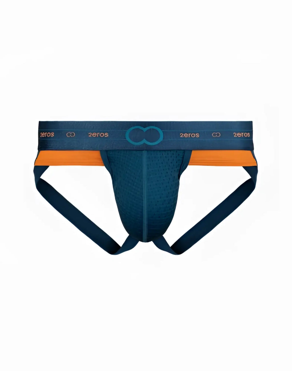 Navy blue and orange mesh 2EROS AKTIV NRG jockstrap underwear with zeros branding on the waistband