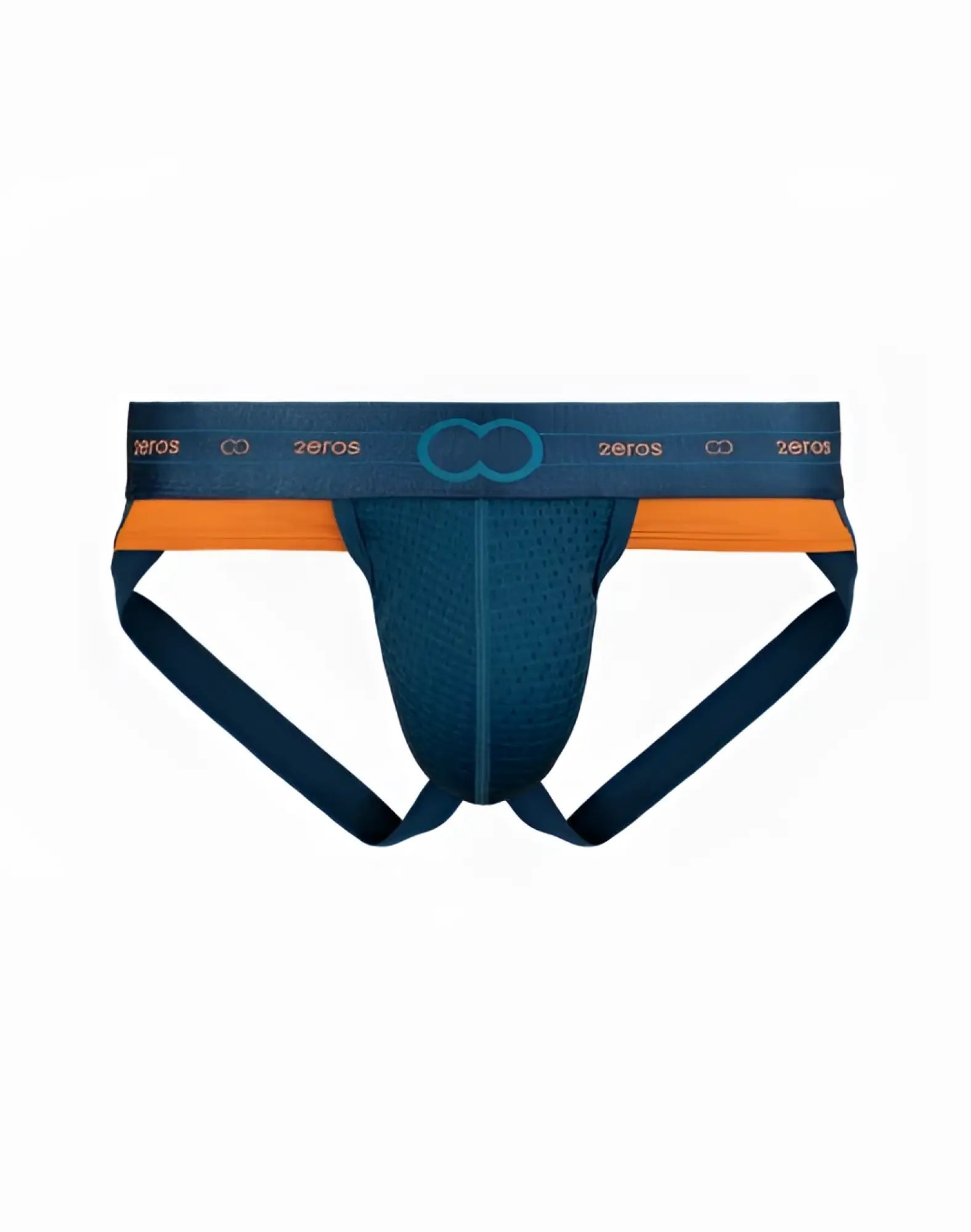 Navy blue and orange mesh 2EROS AKTIV NRG jockstrap underwear with zeros branding on the waistband