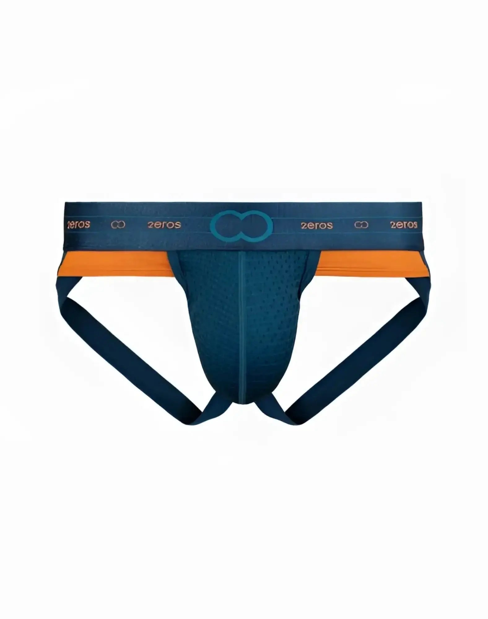 Navy blue and orange mesh 2EROS AKTIV NRG jockstrap underwear with zeros branding on the waistband