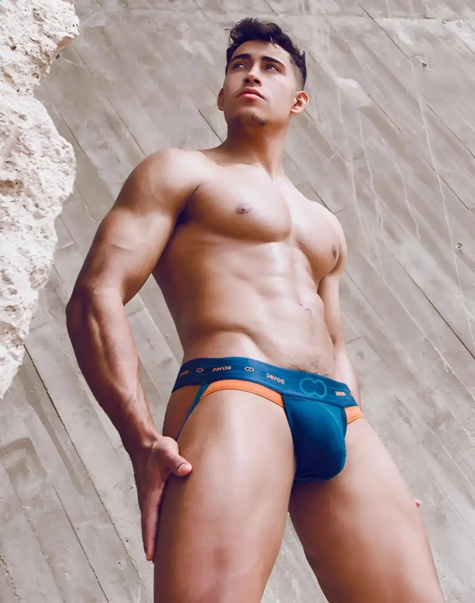 Teal and orange 2EROS AKTIV NRG jockstrap underwear with branded waistband in blue for athletic support