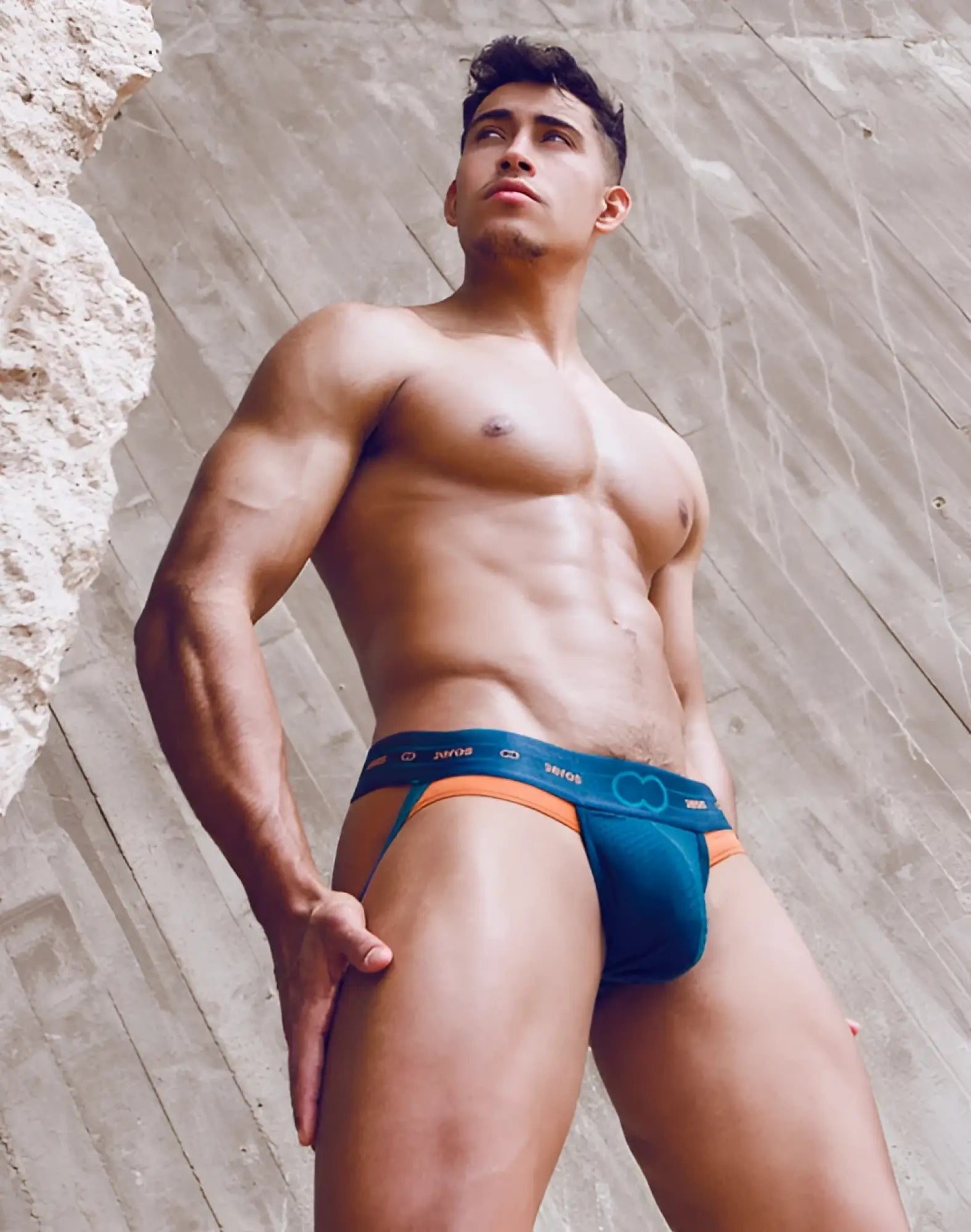 Teal and orange 2EROS AKTIV NRG jockstrap underwear with branded waistband in blue for athletic support