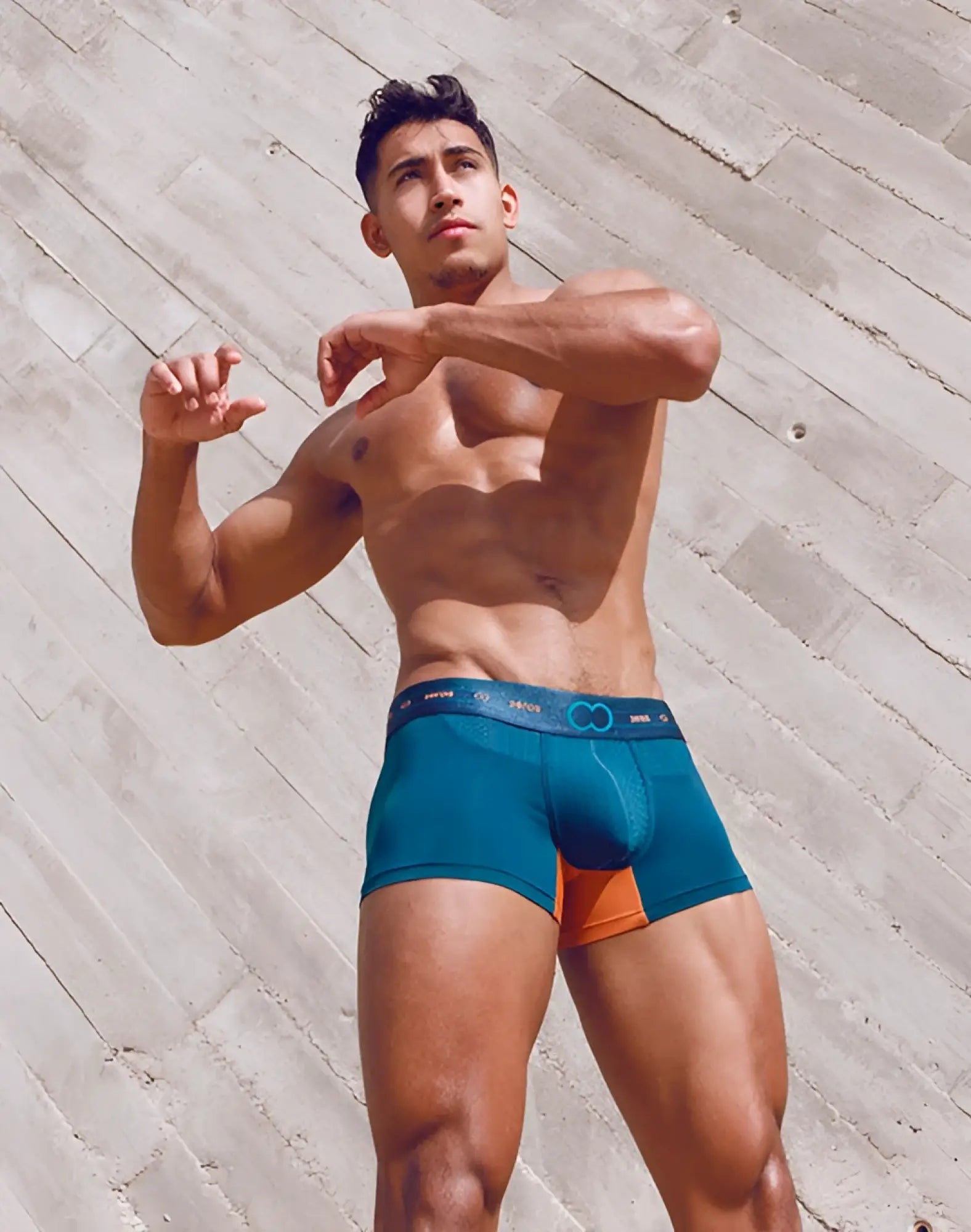 2EROS AKTIV NRG trunk underwear in teal and orange with branded waistband for active comfort and support