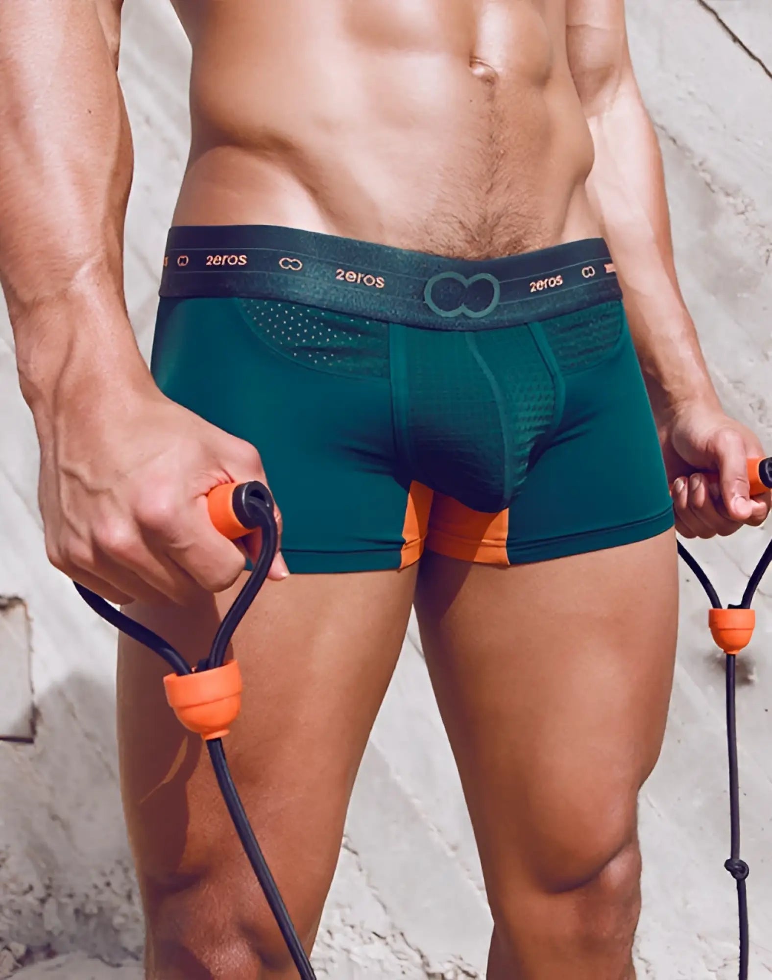 Teal and orange 2EROS AKTIV NRG trunk underwear with mesh panel and branded waistband in green color