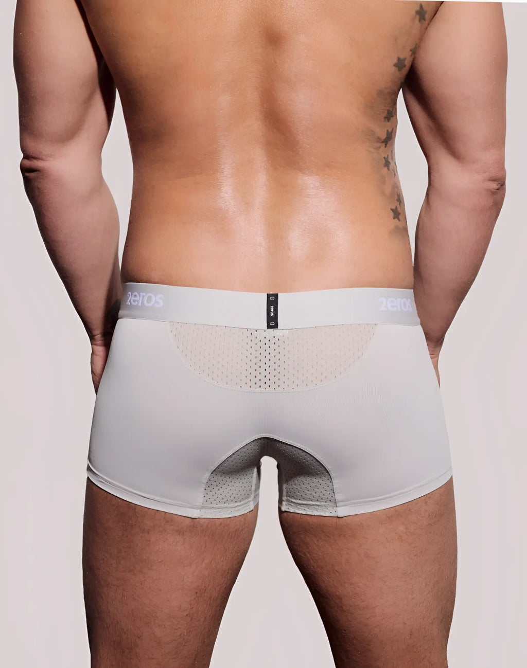 White mesh trimmed 2eros aktiv nrg trunk briefs in grey with zeros branding on waistband for activewear use
