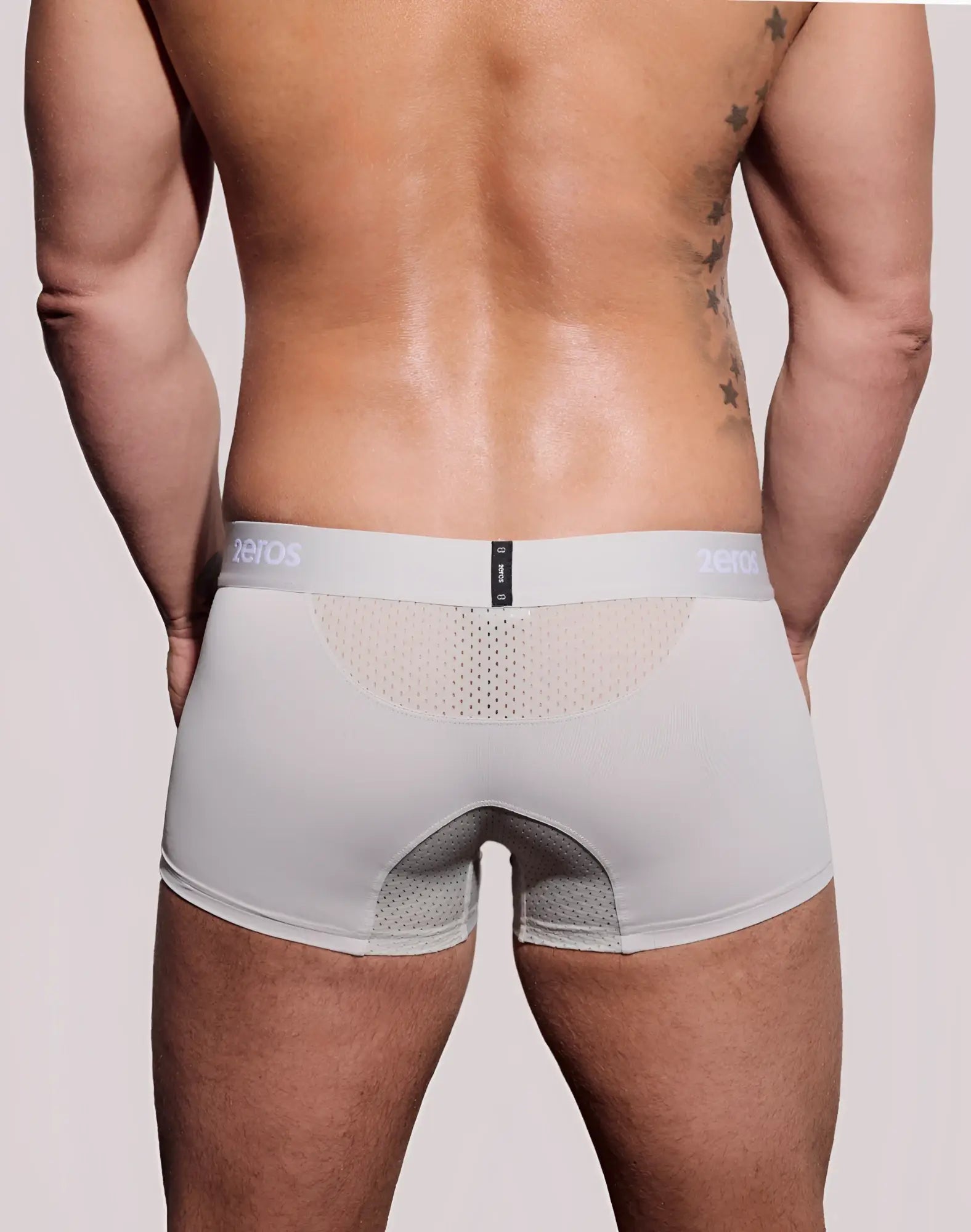 White mesh trimmed 2eros aktiv nrg trunk briefs in grey with zeros branding on waistband for activewear use