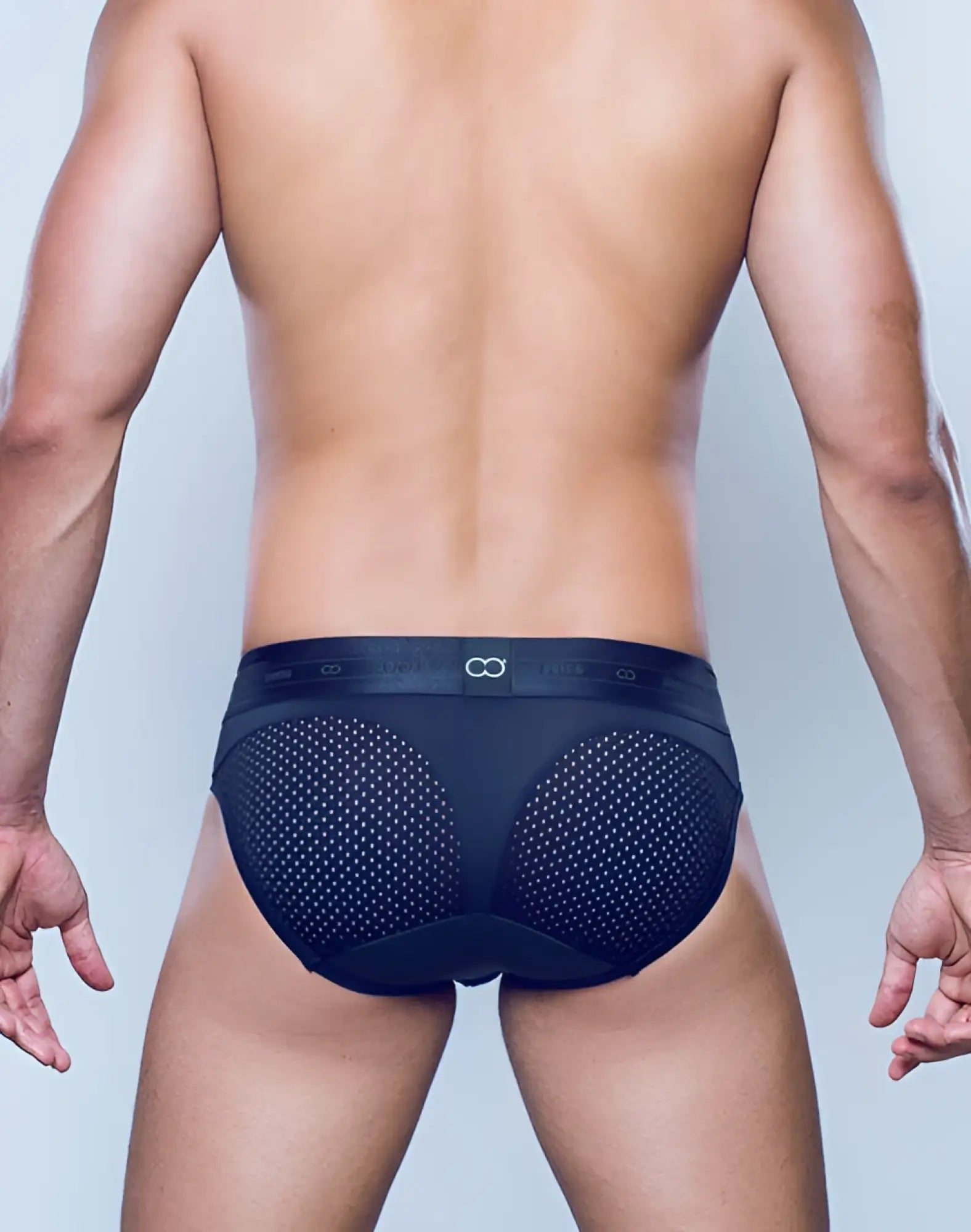 Black mesh 2eros aktiv pegasus brief underwear with solid waistband and infinity symbol logo in black and green
