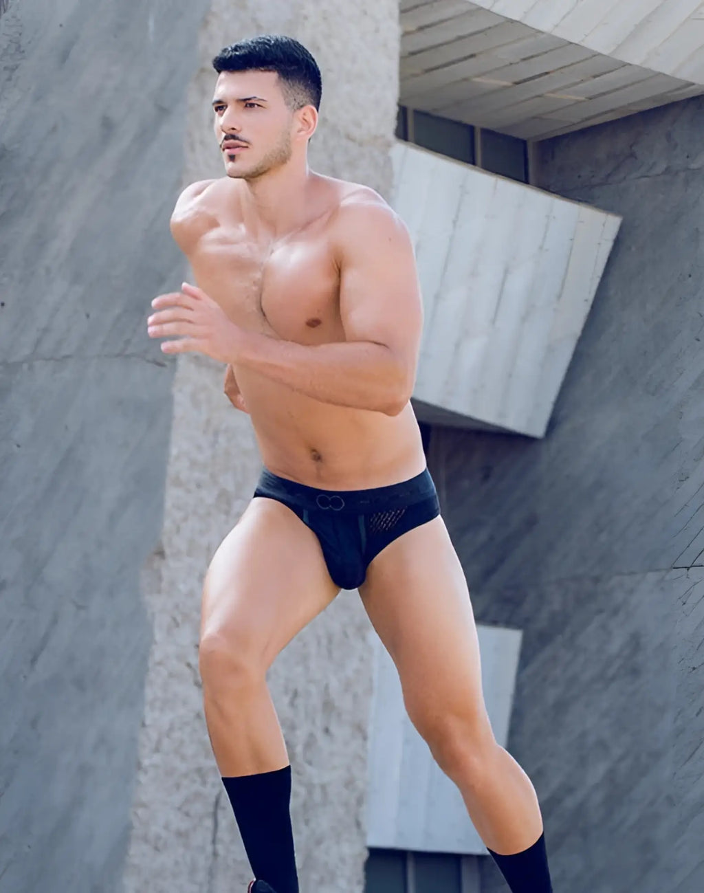 2EROS AKTIV Pegasus black mesh briefs with subtle circular logo on front breathable underwear for active wear