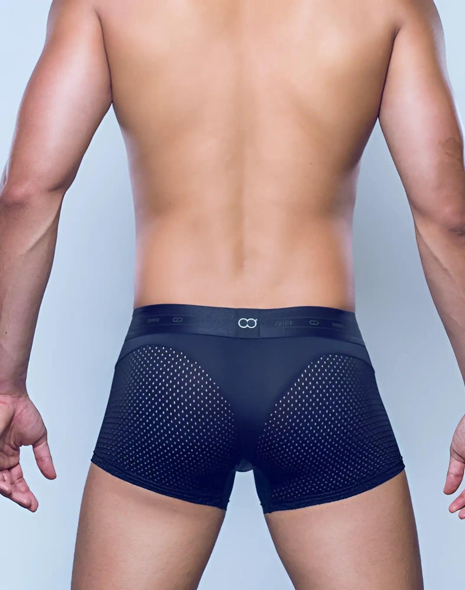 2EROS AKTIV Pegasus trunk underwear in black mesh with solid waistband and infinity symbol logo in green