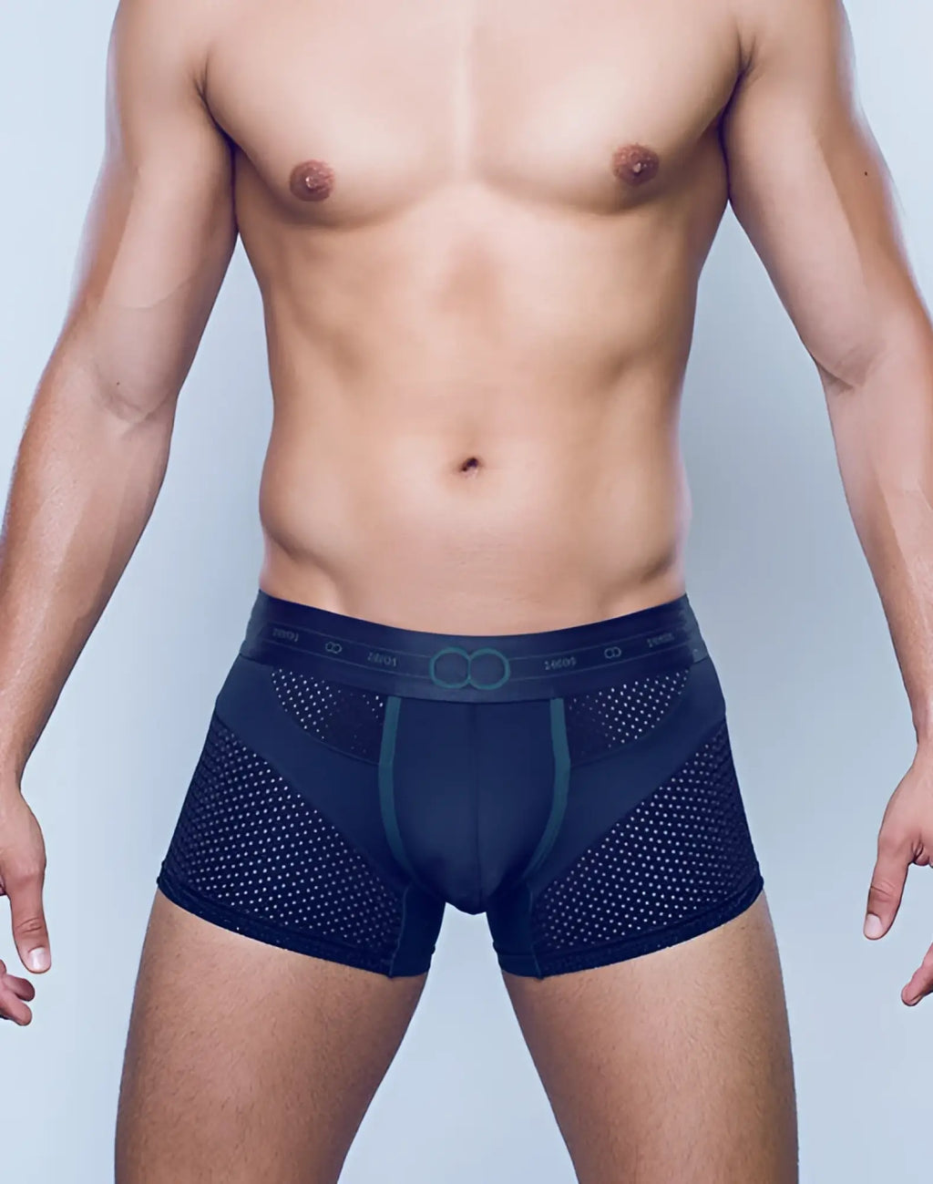 Black 2EROS AKTIV Pegasus trunk underwear with teal trim mesh fabric and branded waistband for active wear