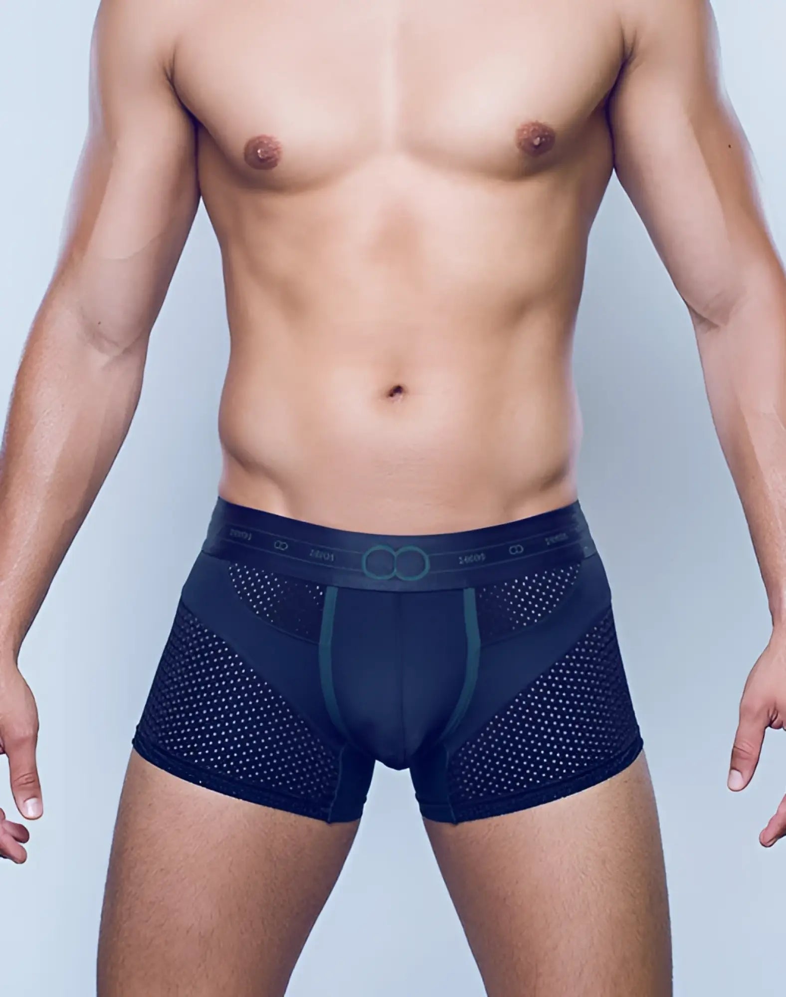 Black 2EROS AKTIV Pegasus trunk underwear with teal trim mesh fabric and branded waistband for active wear