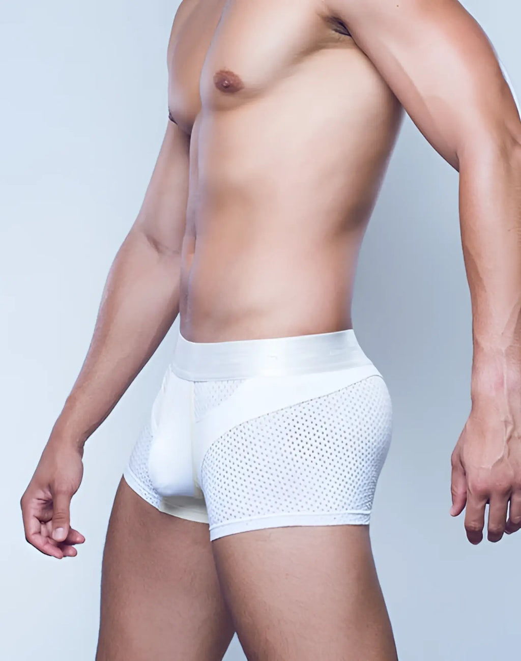 2eros aktiv pegasus trunk underwear in white mesh with a solid tan waistband designed for comfort and breathability