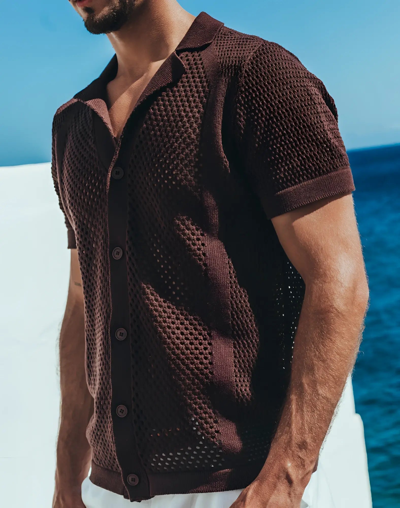 2eros amalfi shirt carbon black short-sleeved dark brown knit cardigan with textured honeycomb pattern and buttons