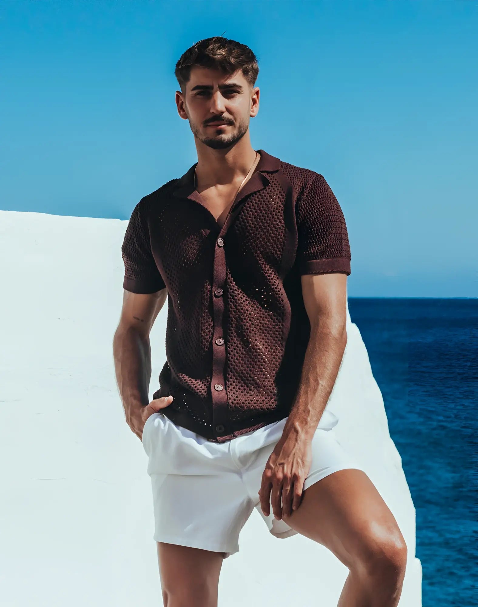 2eros amalfi shirt carbon black dark brown short-sleeved knit polo with button-down front and textured pattern
