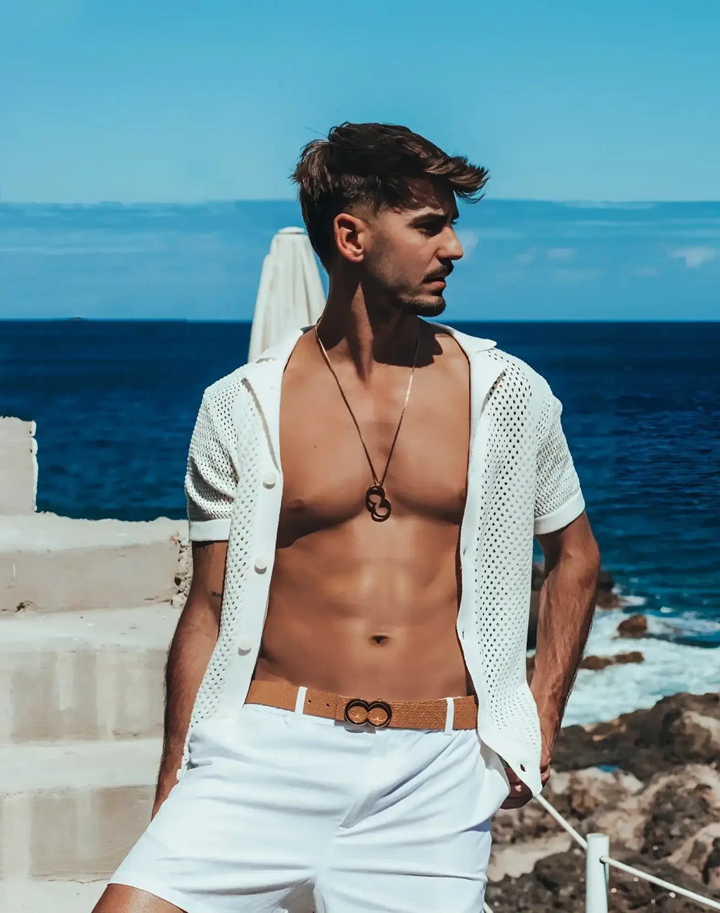 White mesh short sleeve button-up shirt with front closure from 2EROS Amalfi Shirt collection