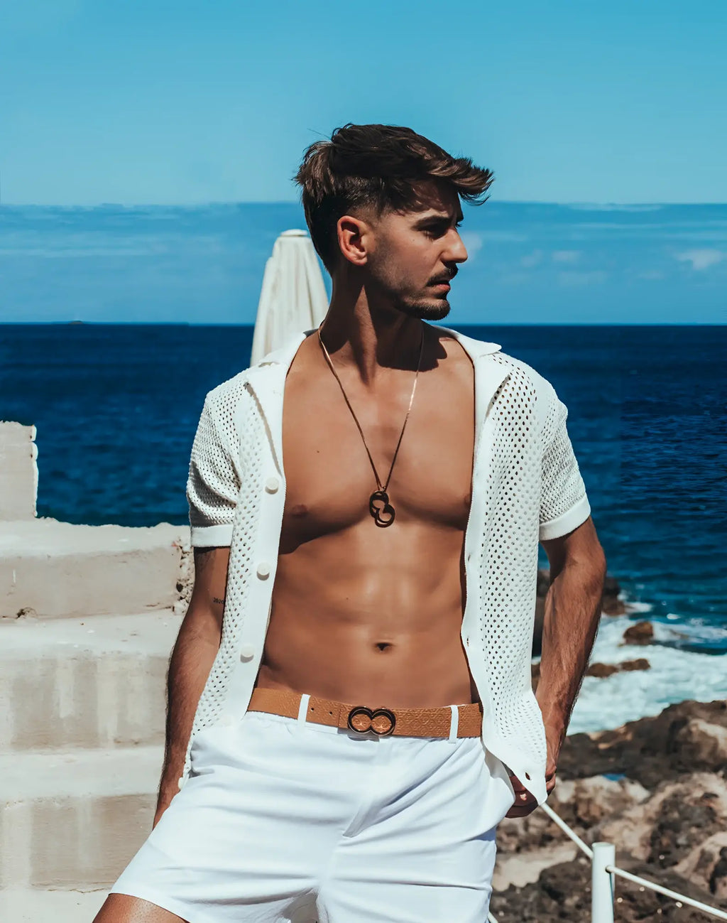 White mesh short sleeve button-up shirt with front closure from 2EROS Amalfi Shirt collection