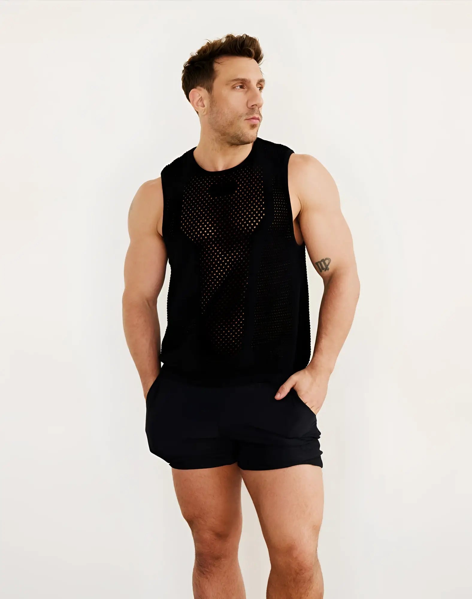 2eros amalfi singlet black sleeveless top with black mesh fabric and solid black bottom hem