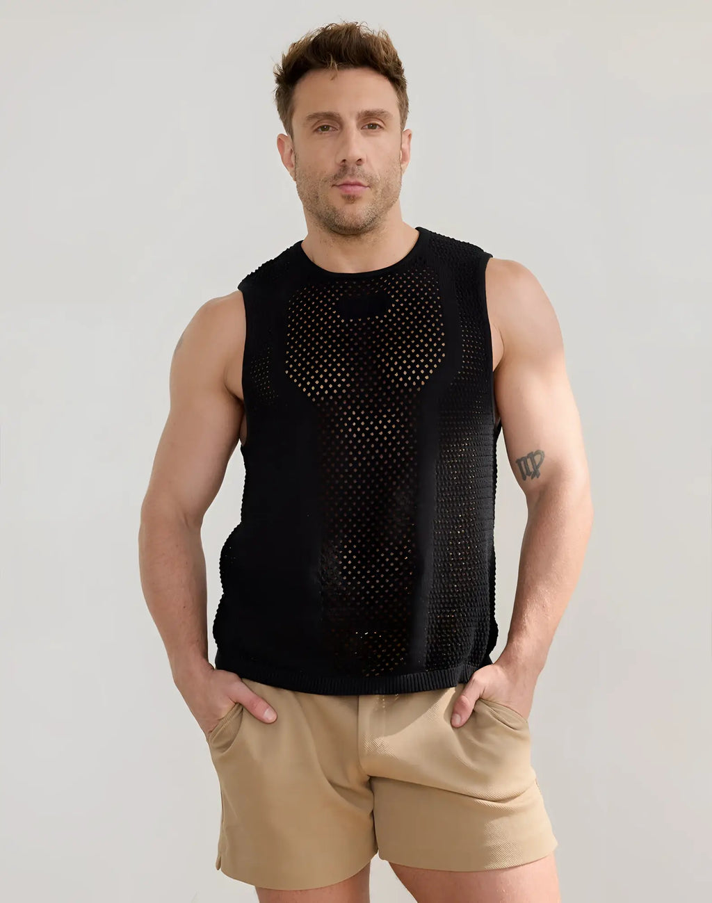 2eros amalfi singlet black sleeveless top with breathable textured black mesh knit pattern