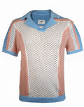 2eros Aruba polo in light blue and blush pink knit with mesh front panel ribbed collar and cuffs