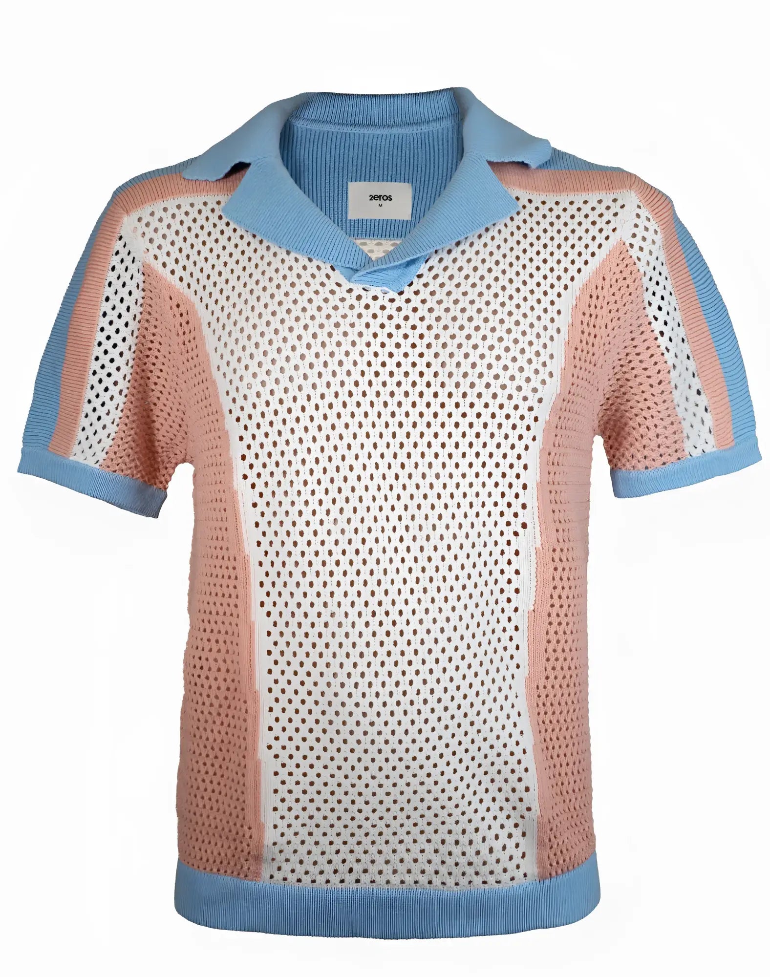 2eros Aruba polo in light blue and blush pink knit with mesh front panel ribbed collar and cuffs