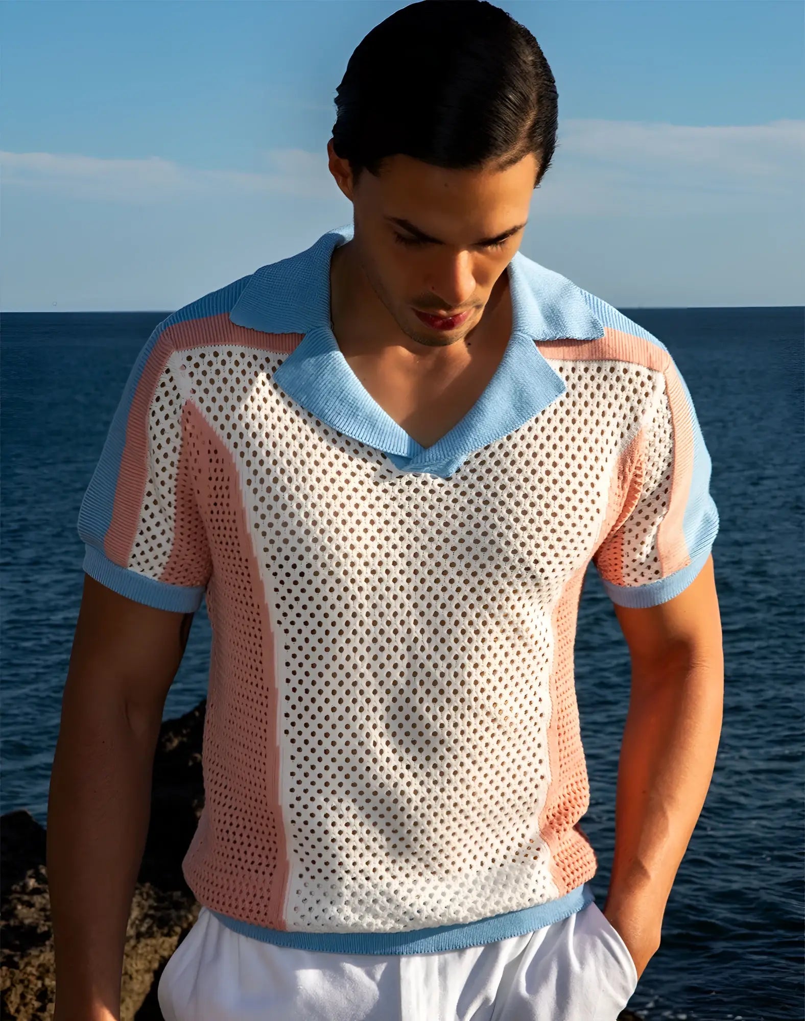 Pastel blue and peach color-blocked knit polo shirt with perforated mesh body 2EROS Aruba Polo pink blue