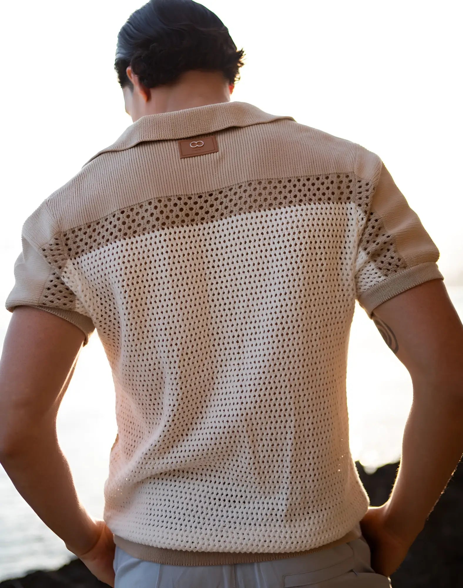 2EROS Aruba Polo white knit polo shirt with textured open-weave pattern beige color and brown leather tag at collar