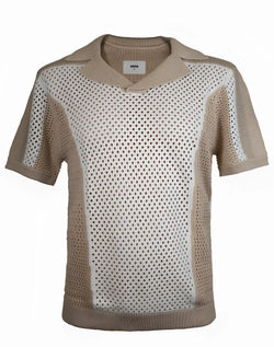Beige and white perforated knit 2EROS Aruba Polo shirt with ribbed collar sleeves and hem in breathable fabric