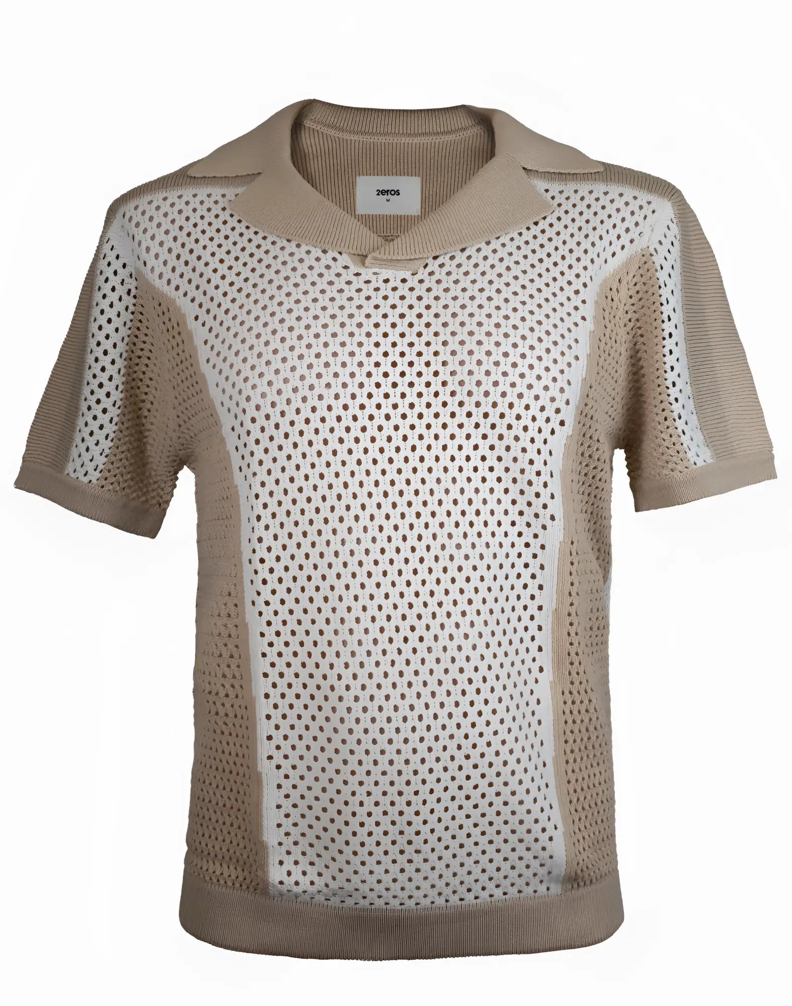 Beige and white perforated knit 2EROS Aruba Polo shirt with ribbed collar sleeves and hem in breathable fabric