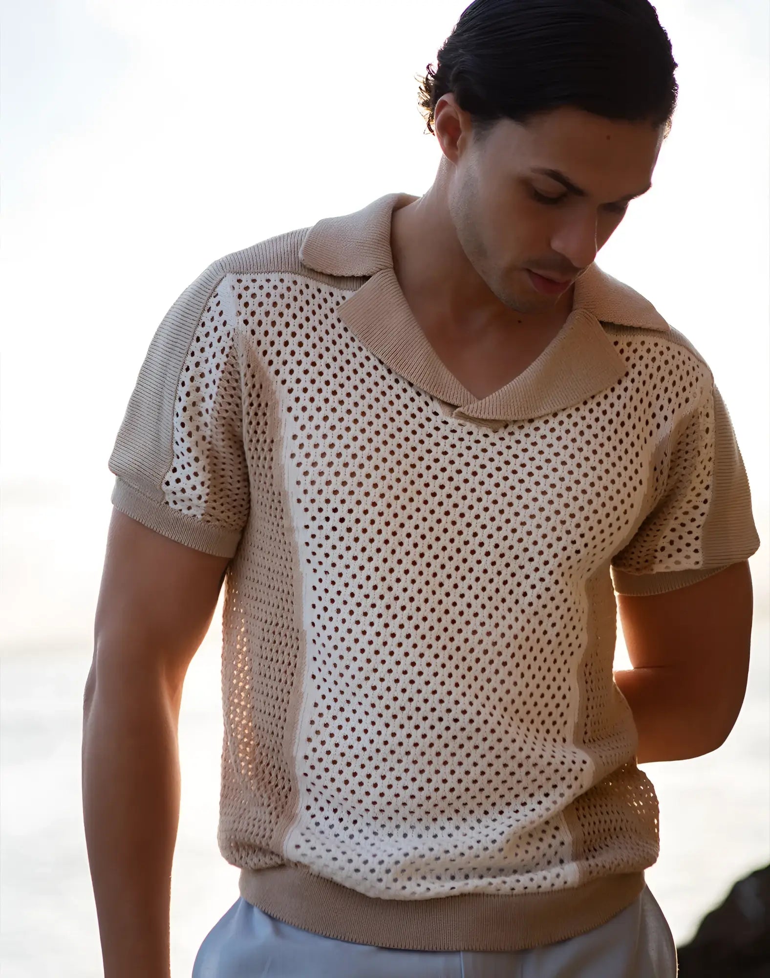 Beige perforated knit 2eros aruba polo shirt with ribbed collar and cuffs ideal for casual wear