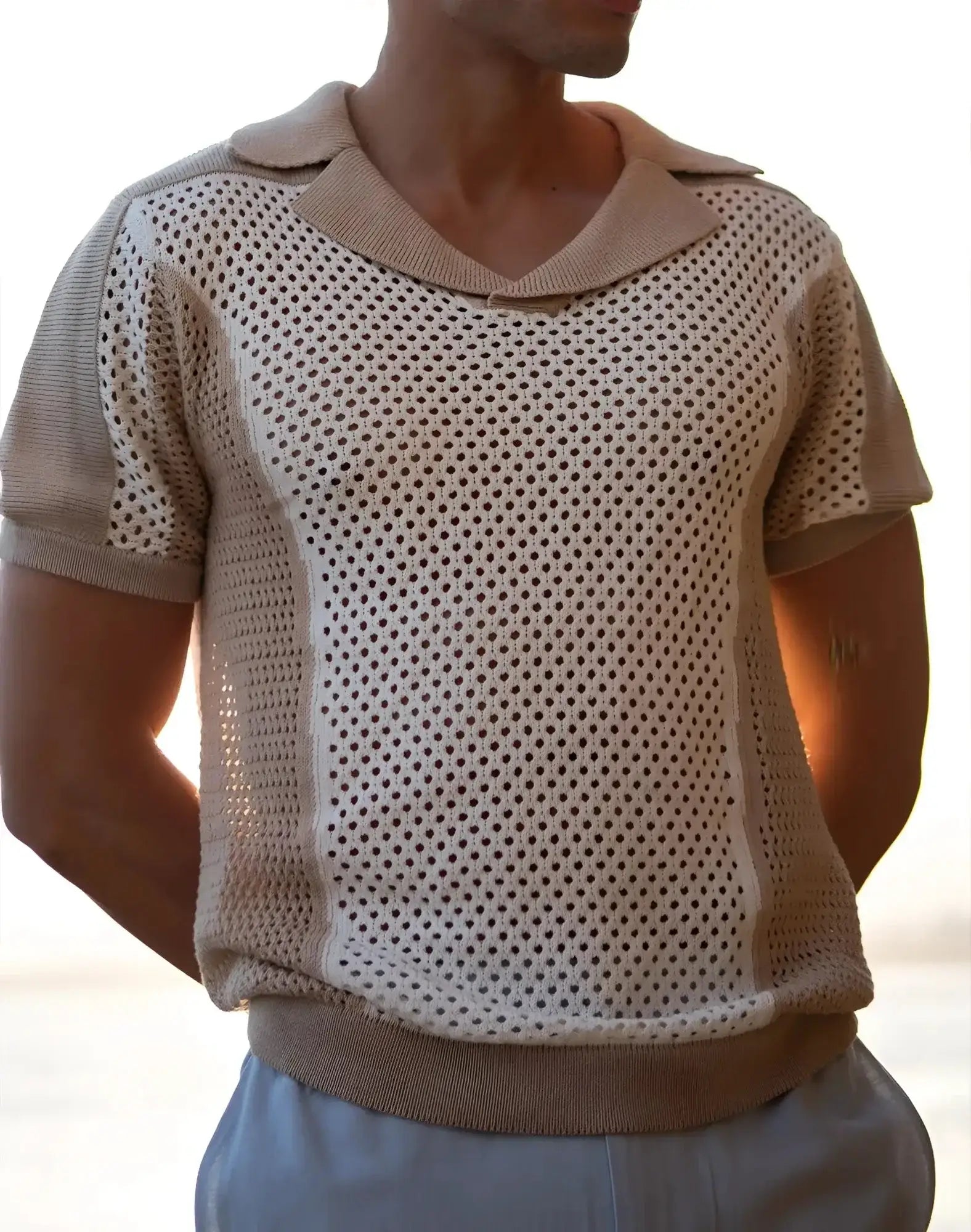 Beige 2EROS Aruba Polo short-sleeved shirt with perforated knit body and solid ribbed collar sleeves and hem