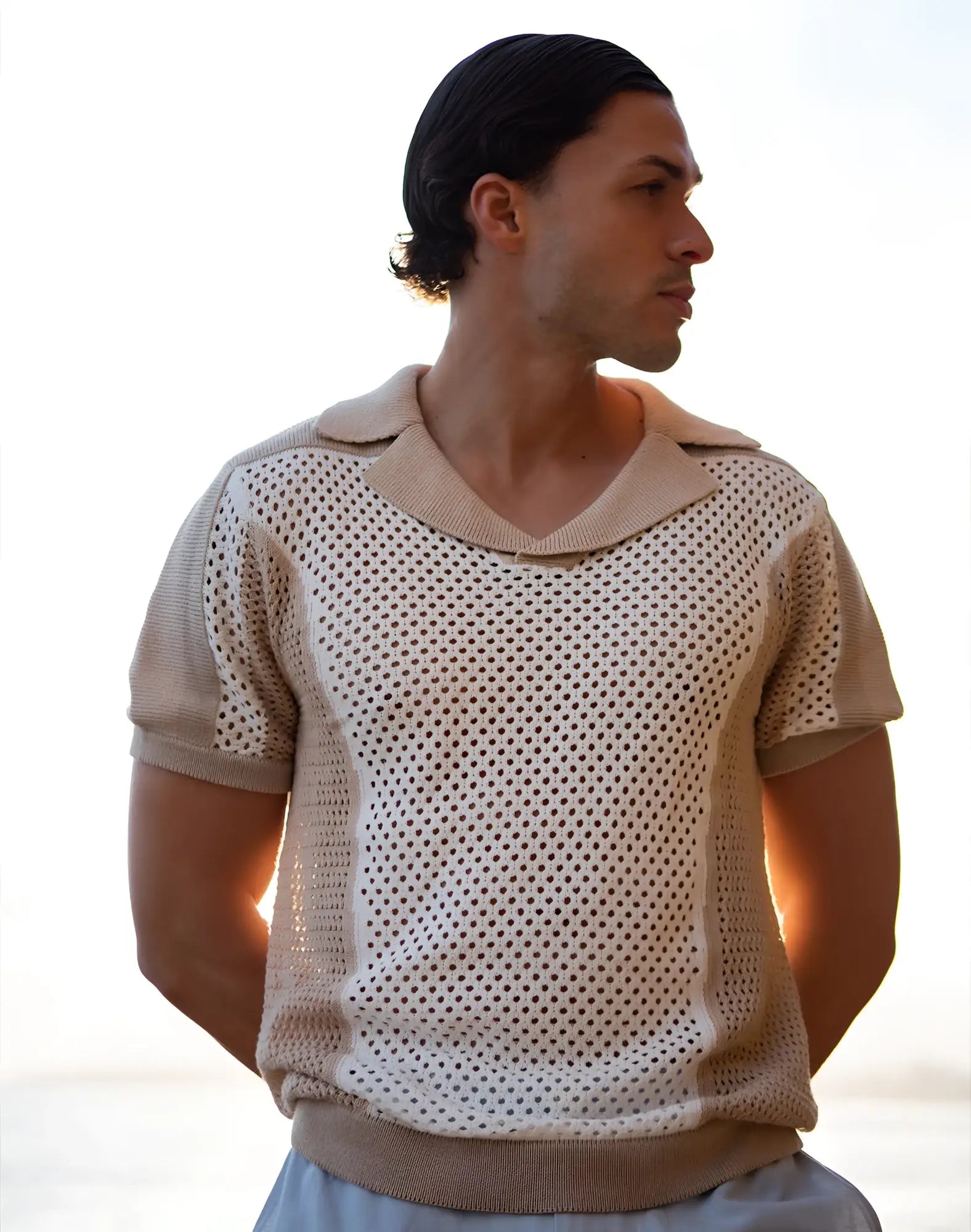Beige short-sleeved knit top with textured perforated front and ribbed collar and cuffs from 2eros aruba polo white